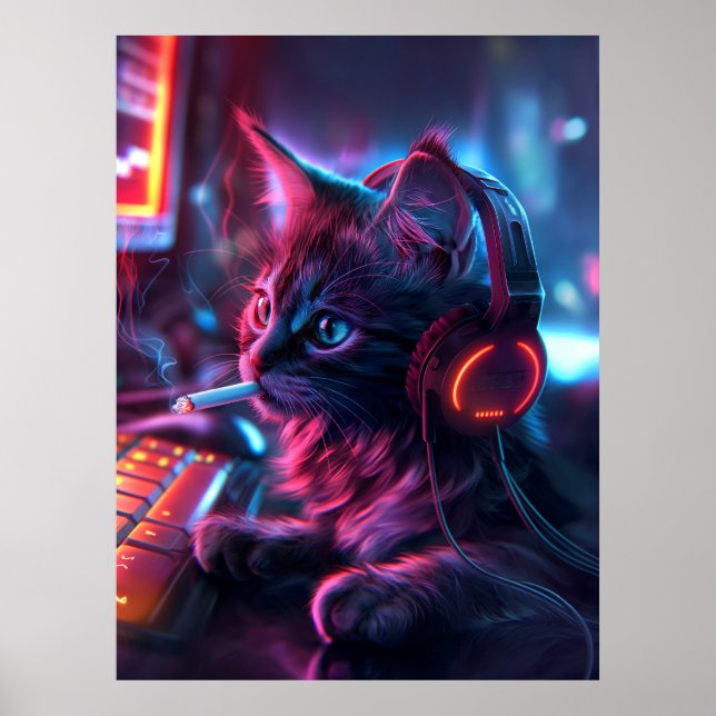 Poster Cool Gamer Chat Fumer drôle (Devant)