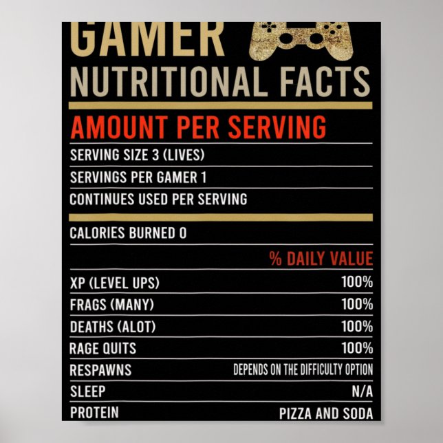Poster Cool Gamer Faits nutritionnels Jeu vidéo Jeu amusa (Devant)