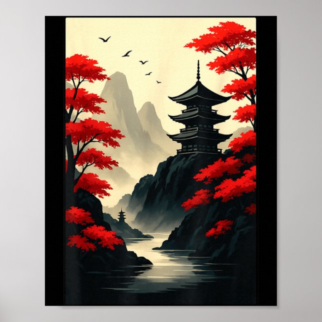 Poster Cool Japanese Pagoda Castle Mountain Landscape Gra (Devant)
