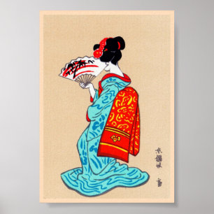 Poster Cool japonais classique geisha lady kimono fan