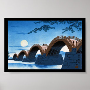 Poster Cool japonais grand pont aquarelle nuit lune