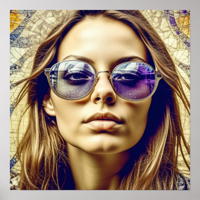 Poster Cool Lady avec réflexion dans ses lunettes de sole (Devant)
