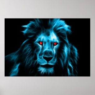 Poster Cool Lion Bleu Avec Portrait Des Yeux Bleus