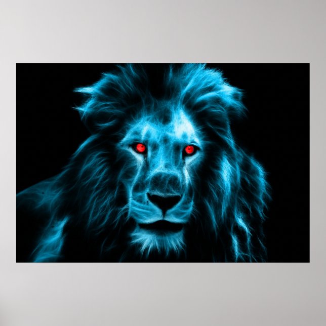 Poster Cool Lion Bleu Avec Portrait Des Yeux Bleus (Devant)