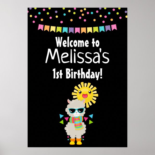 Poster Cool Llama et souriant Kawaii Anniversaire du sole (Devant)