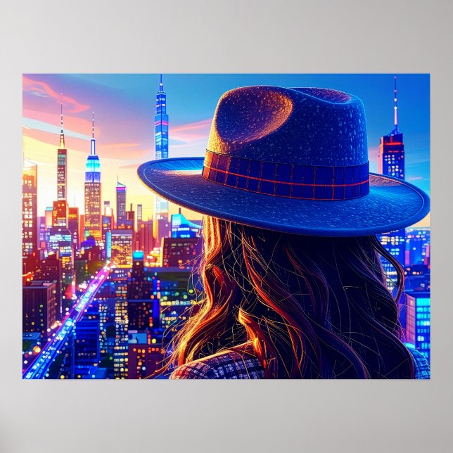 Poster Cool NYC Girl in Fedora Nightscape Buildings Art (Devant)