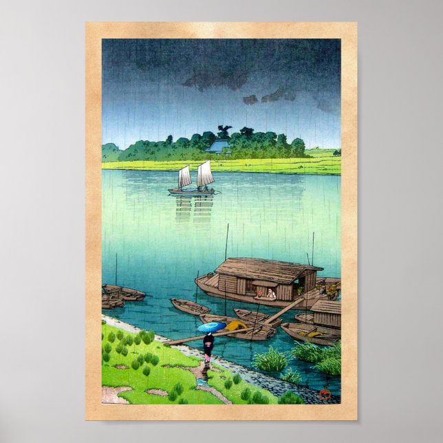 Poster Cool oriental japonais paysage rivière côté pluie  (Devant)