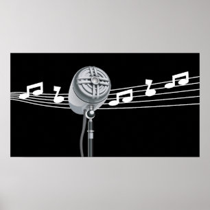 Poster Cool Retro Mic & notes musicales Black Custom