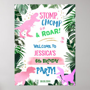 Poster Cool rose fille Dinosaur anniversaire bienvenue T-