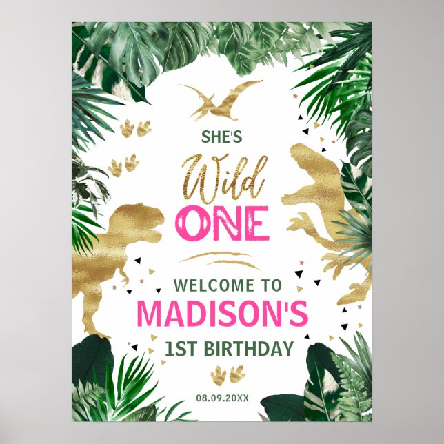 Poster Cool Rose Girl Dinosaures fête d'anniversaire Bien (Devant)