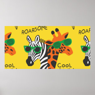Poster Cool zèbre et girafe portant des lunettes sur jaun