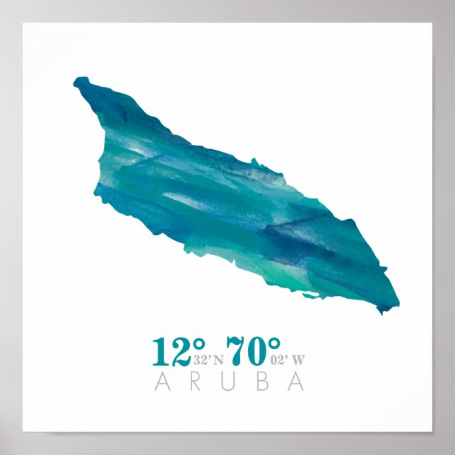 Poster Coordonnées de la carte d'Aruba Aquarelle bleu aqu (Devant)