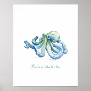 Poster Coordonnées de la carte des pieuvres bleu aquarell