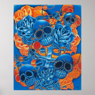 Poster Copie bleue et orange de crânes