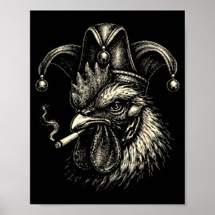 Poster Coq drôle fumant une cigarette mème coq jester