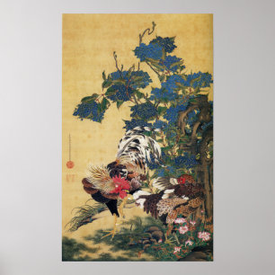 Poster Coq et Hen avec Hydrangeas