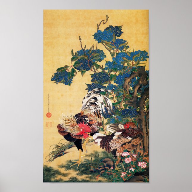 Poster Coq et Hen avec Hydrangeas par Ito Jakuchu (Devant)