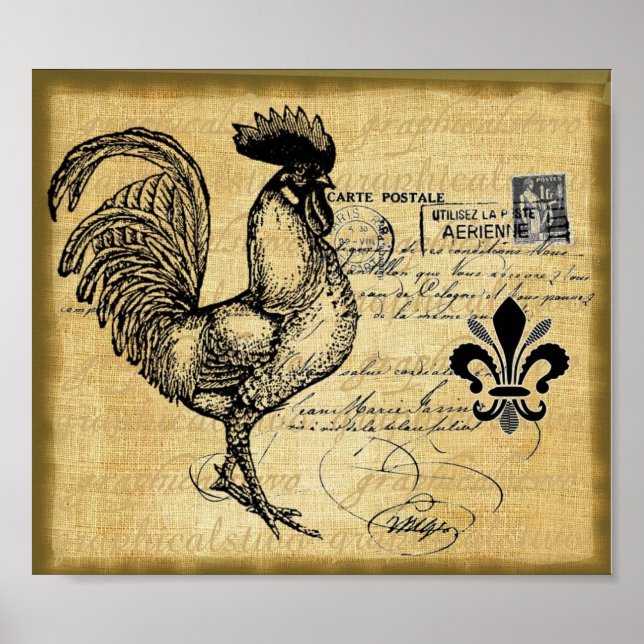 Poster Coq Français vintage Sur Burlap (Devant)