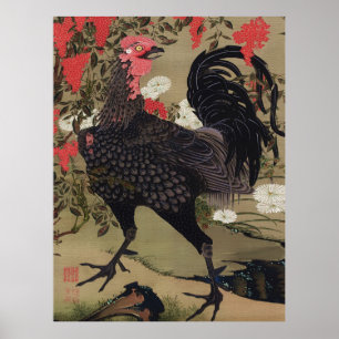 Poster Coq noir et Nandin par Ito Jakuchu