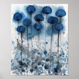Poster Coquelicots Bleu Marine, Fleurs Aquarelle Mur