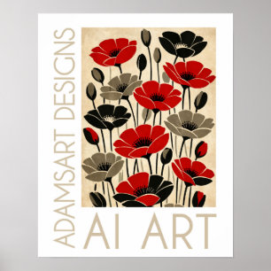 Poster Coquelicots Floraux Rouges et Noirs Rétro Gras