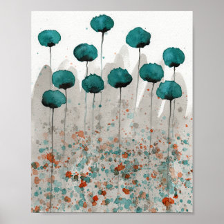 Poster Coquelicots sarcelle et gris, Mur de fleurs à l'aq