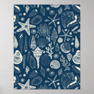 Poster Coques de mer sur bleu foncé