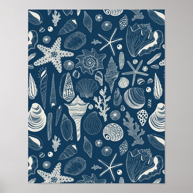 Poster Coques de mer sur bleu foncé (Devant)