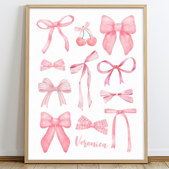 Poster Coquette Aesthétique Cute Girls Rose Bows avec nom (Coquette poster, coquette wall art, pink bow poster, personalized cute girly aesthetic art print)