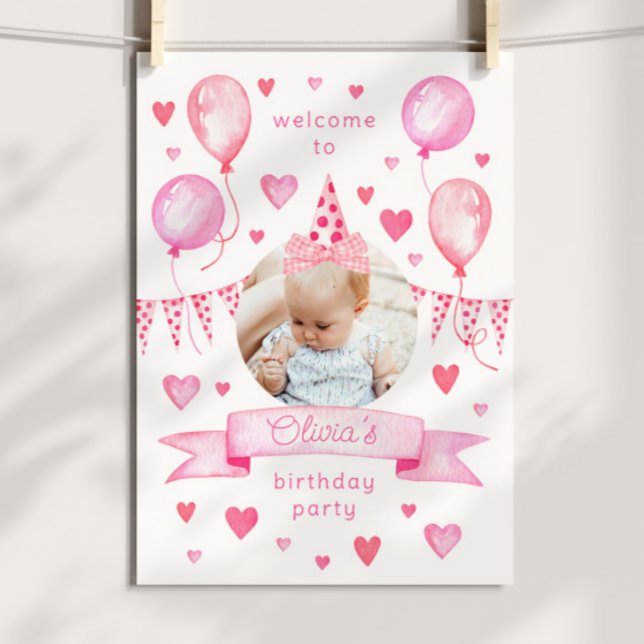 Poster Coquette Bow Rose Photo Casquette Anniversaire Bie (pink coquette birthday party welcome poster with custom photo and movable bow hat)