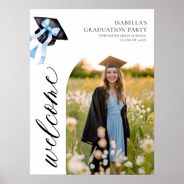 Poster Coquette de graduation moderne Blue Bow Bienvenue (Devant)