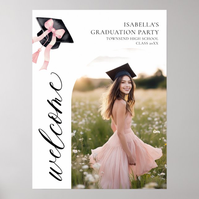 Poster Coquette de graduation moderne rose Bow Bienvenue (Devant)