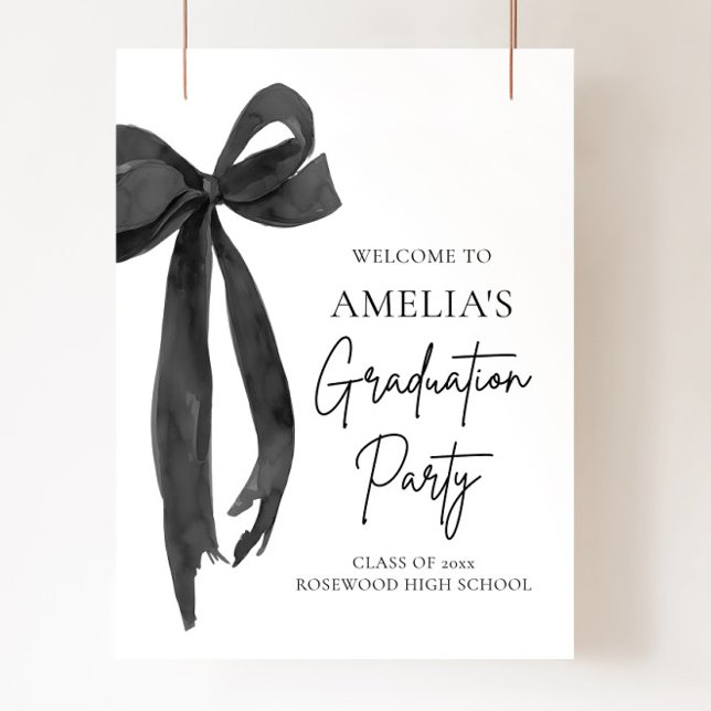 Poster Coquette de la Bow Noire moderne Accueil (Modern Black Bow Coquette Graduation Party Welcome Poster)