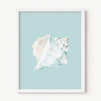 Poster Coquillage à l'aquarelle bleu pastel et blanc