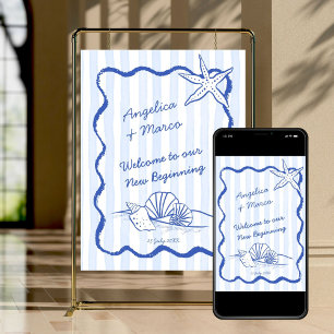 Poster Coquillages bleu ondulé bordé plage mariage bienve