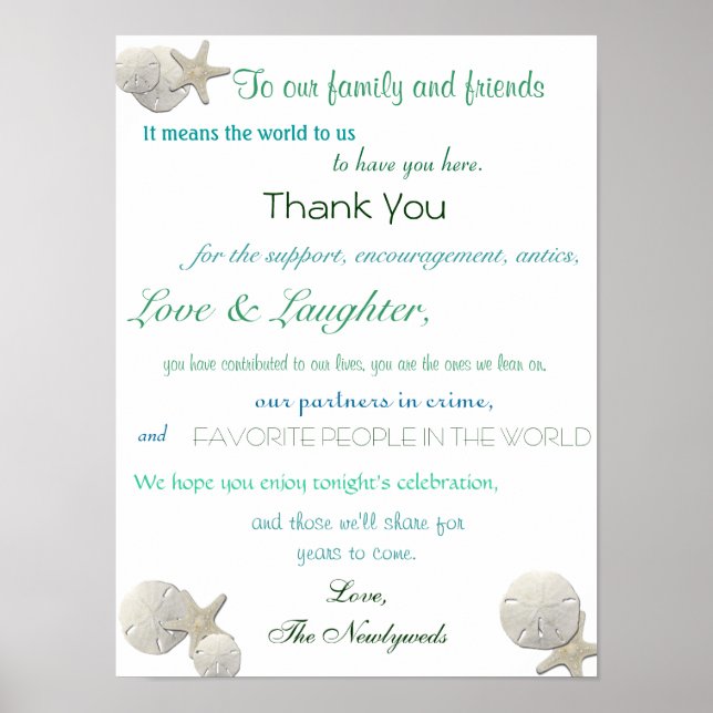Poster Coquillages, Réception De Mariage Nautique, Merci (Devant)