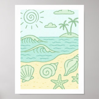 Poster Coquillages Rétro de Plage Côtière Tropicale Océan