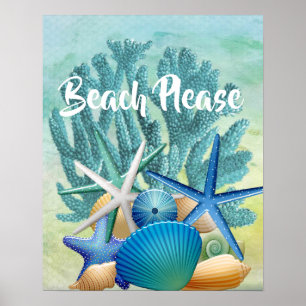 Poster Coquillages, Starfish et Coral BEACH S'IL VOUS PLA