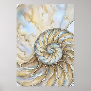 Poster Coquille de Nautilus Aquarelle Spirale Dorée Art O