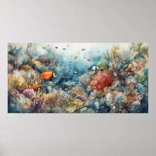 Poster Corail et poissons aquarelle