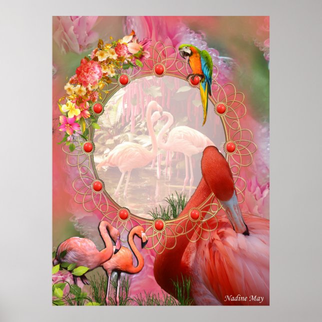 Poster Corail, Herbe, Fleurs et Flamants roses roses pivo (Devant)