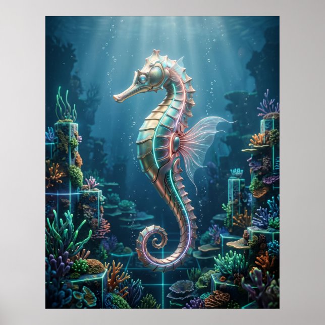 Poster Corail néon hippocampes en grille (Devant)