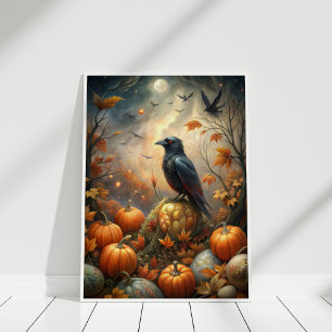Poster Corbeau et forêt Citrouille - Fée d'automne foncé