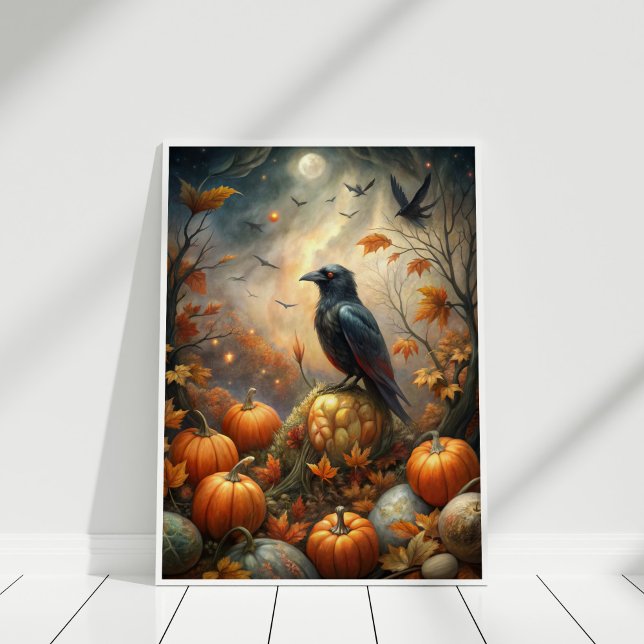 Poster Corbeau et forêt Citrouille - Fée d'automne foncé (Raven and Pumpkin Forest – Dark Autumn Fairy Poster in a white wooden frame)