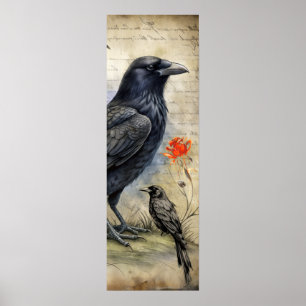 Poster Corbeau gothique rouge et Rose