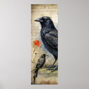 Poster Corbeau gothique rouge et Rose