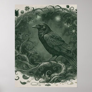 Poster Corbeau mystique gothique et forêt enchantée