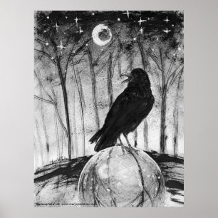 Poster Corbeau (oiseau noir) dans les bois avec Lune et é