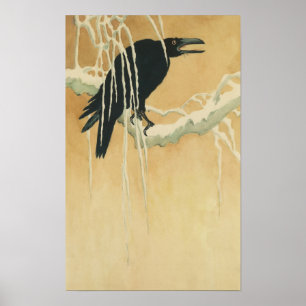 Poster Corbeau sur une branche d'arbre illustration or no