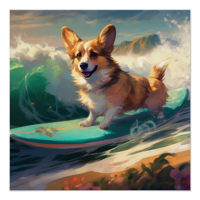 Poster Corgi Beach Surf Peinture (Devant)